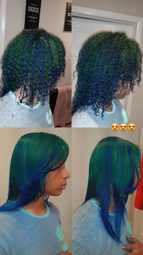 Emerald Green Locs Black Women, What Color Should I Dye My Hair Ideas, Hair Dye Ideas Multicolor, Blue And Green Dyed Hair, Afro Hair Color Ideas, Green Natural Hair, Blue Peekaboo Hair, Dyed Roots, Dyed Afro