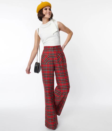 These chic 1950's style Smak Parlour wide leg pants are crafted in a red plaid woven blend and feature a thick waistband that is secured by a front zipper and button closure. Complete with front functional pockets and faux back pockets. Red Plaid Pants, Style Wide Leg Pants, Retro Pants, Retro Skirt, Stylish Pants, Plus Size Pants, Plaid Pants, 1950s Fashion, Sweater Coats