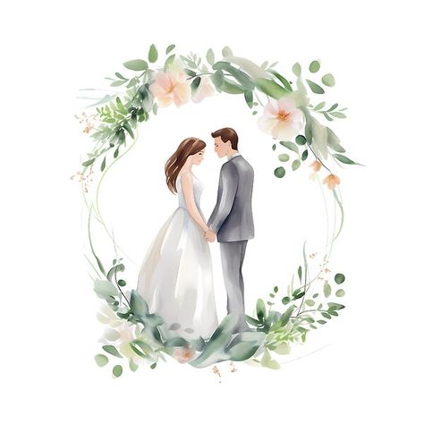 Watercolour Bride And Groom, Drawing Bride And Groom, Bride And Groom Pictures Cartoon, Wedding Frame Ideas, Bride And Groom Painting, Bride And Groom Drawing, Bride Groom Illustration, Bride And Groom Art, Wedding Couple Clipart