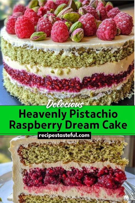 A luxurious dessert featuring layers of nutty pistachio sponge cake, tart raspberry gelée, creamy vanilla frosting, and a glossy mirror glaze. This elegant cake is perfect for special occasions or as a standout treat. Creamy Vanilla Frosting, Pistachio Raspberry, Raspberry Cake Recipes, Traditional Thanksgiving Recipes, Cake Tart, Vanilla Cream Cheese Frosting, Pistachio Recipes, Elegant Cake, Easy Thanksgiving Recipes