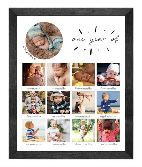 PRICES MAY VARY. Document and showcase your babys growth each month during their first year with this unisex baby keepsake frame from Comurdyo. Picture frame measures 15.5"Sx12.8"Hx0.8"D and contains 1 center photo measuring 3.94"W x 3.94"H 12 small photo measuring 2.44"W x 2.44"H. Features a high quality MDF back with a White printed paper design as the background "One year of" printed in White underneath the frame and comes with a plexiglass cover and the black frame is double folded at the co Photo Feature Wall, Birthday Photo Frame Design, Baby Photo Collages, Baby Collage, Baby First Year, One Year Pictures, Baby Picture Frames, Baby Photo Frames, Birthday Photo Frame