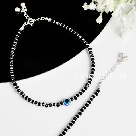 Evil Eye Anklet Silver, Breslate Design, Protection Anklet, Handle Workout, Evil Eye Bracelet Silver, Black Anklet, Silver Anklets Designs, Anklets Indian, Pooja Items