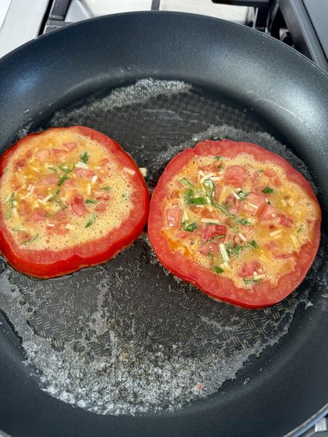 tomato rings filled with scrambled eggs (breakfast treat) - The Culinary Chase Scrambled Eggs Breakfast, Breakfast Eggs Scrambled, Eggs In A Basket, Eggs Breakfast, Brunch Food, Meal Of The Day, Egg Breakfast, Cheese Eggs, Breakfast Treats