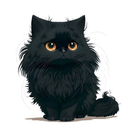 Fluffy Cat Illustration, Long Haired Cat Drawing, British Longhair Cat, Cat Design Art, Mischievous Expression, Modern Cat Art, Fluffy Black Cat, Animated Cats, Black Cat Drawing