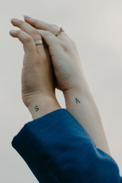 Small Tattoos Husband And Wife, Interracial Couple Tattoos, Subtle Marriage Tattoo, Fine Line Husband And Wife Tattoos, Small Tattoos For Wife, Tiny Marriage Tattoos, Couple Tattoos 2023, Dainty Wedding Tattoos, Tatoos Couple Husband Wife