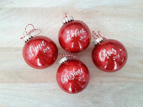 Christmas Ornament personalized Red Glitter Hand Lettered | Etsy Newlywed Christmas Ornament, Name Ornaments, Red Christmas Ornaments, Gold Christmas Ornaments, Letter Ornaments, Clear Ornaments, Projets Cricut, Glitter Ornaments, First Christmas Ornament