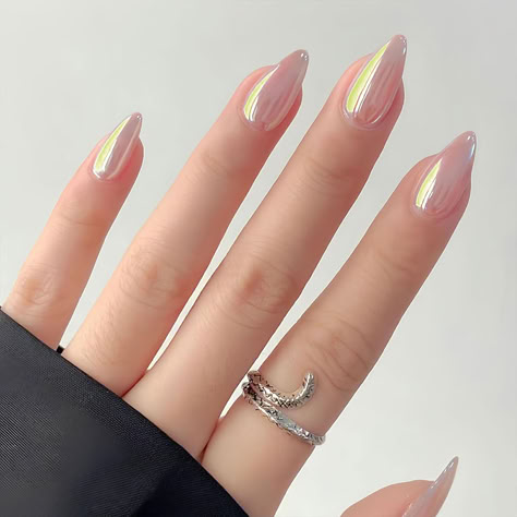 Chrome Nude Press on Nails Medium Almond Fake Nails, Elegant Gel Acrylic Nails with Glue, Shiny Glossy False Nails Kits Spring Summer Nail Accessories Decorations 24 Pcs.