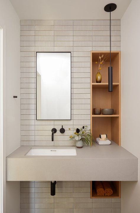 Modern Powder Room, Very Small Bathroom, Small Bathroom Vanities, Small Vanity, Bathroom Size, Small Bathroom Storage, Upstairs Bathrooms, Hus Inspiration, Bathroom Renos