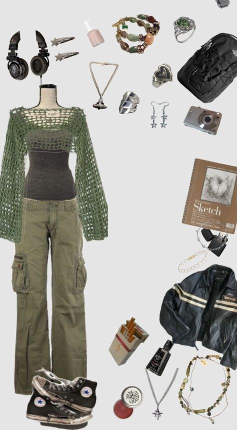 Grunge Hippy Outfits, Indie Vibes Outfit, Earthy Astethic Outfits, Alternative Indie Outfits, Cute Outfits Indie, Vintage Indie Aesthetic Outfits, Green Style Aesthetic, Earth Grunge Outfits, Alternative Indie Aesthetic