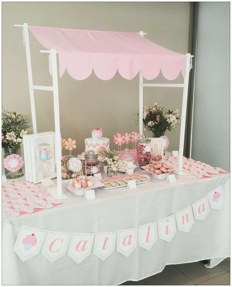 Pink & Aqua Cupcake Birthday Party Ideas | Photo 1 of 16 | Catch My Party Birthday Cake Stand Decor, Candy Bar Comunion, Cake Stall, Cupcake Birthday Party, Ice Cream Birthday Party, Ice Cream Theme, Cupcake Birthday, Craft Fair Displays, Ice Cream Birthday