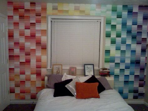 i did this to my room and it took a couple hrs and the only cost was the wall glue (about $8) at home depot! the nice man at the paint counter let me take hundreds of samples! just ask them! Paint Sample Wall Decor, Paint Samples On Wall Decor, Paint Samples On Wall, Paint Sample Wall, Paint Swatches Wall, Chip Wall, Paint Chip Wall, Chip Ideas, Apartments Ideas