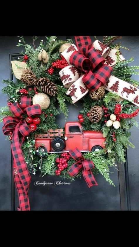 Red truck wreath Cabin Outside, Red Truck Wreath, Rustic Christmas Decorations, Outside Christmas Decor, Truck Wreath, Christmas Tablescape, Christmas Ornament Wreath, Xmas Wreaths, Christmas Decorations Rustic