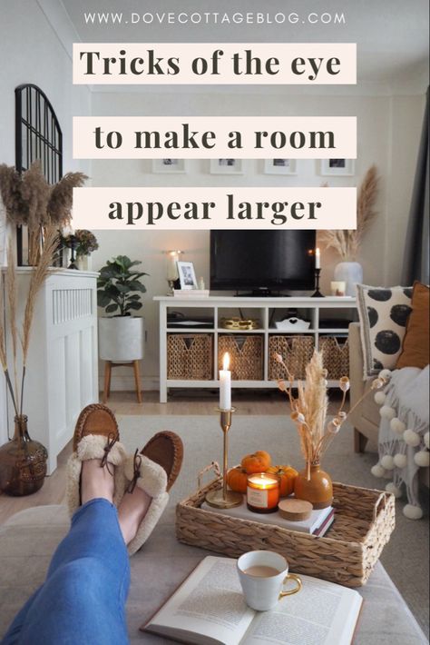 Living Room Decor Simple Small Spaces, Living Room Lighting Small Spaces, Make An Apartment Cozy, Small Room Hacks Diy, Small Cosy Room Ideas, How To Make A Space Feel Bigger, Big Tv In Small Living Room, Making A Small House Feel Bigger, How To Make A Small Office Look Bigger