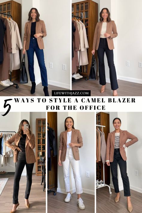 LIFE WITH JAZZ - Dressy Casual Outfits For Women, Tan Blazer Outfits Women, Tan Blazer Outfits, Camel Blazer Outfit, Blazer Outfits Women, Life With Jazz, Workwear Outfits, Smart Casual Work Outfit, Camel Blazer