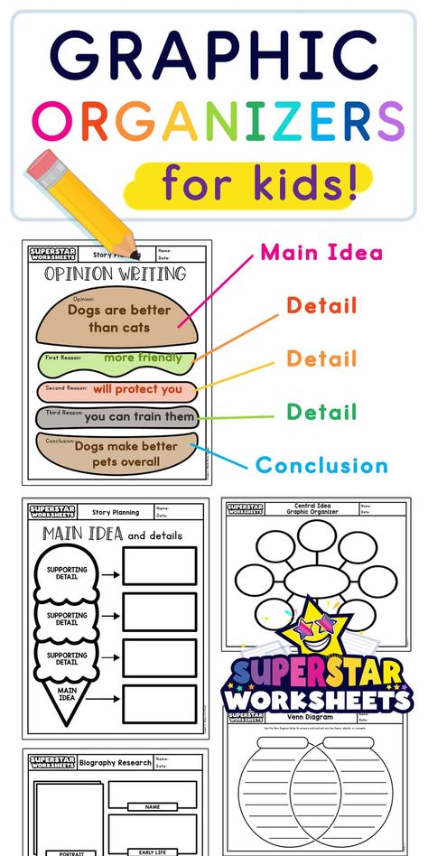 Free printable Graphic organizers and graphic organizer templates for kids. Teachers can use our PDF graphic organizing writing template to help students to compare and contrast, outline cause and effect, and create story maps.  Our simple graphic organizer printables will help your students organize their writing into beginning-middle-end story sequences, and provide a framework for building opinion, narrative, or informational writing.   #studyhacks #notetaking #freeprintables Opinion Writing Graphic Organizer Free, Story Organizer Writing, Paragraph Graphic Organizer, Main Idea Graphic Organizer Free, Writing Outline Templates, Compare And Contrast Graphic Organizer, Graphic Organizer For Writing, Graphic Organizers Templates, Personal Narrative Graphic Organizer