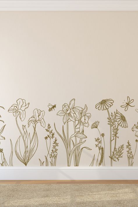 Nursery Mural Flowers, Floral Mural Simple, Wildflower Wall Decals, Wildflower Mural Nursery, Diy Floral Mural Wall, Flower Accent Walls, Floral Decals For Walls, Simple Flower Mural, Flowers Painted On Wall