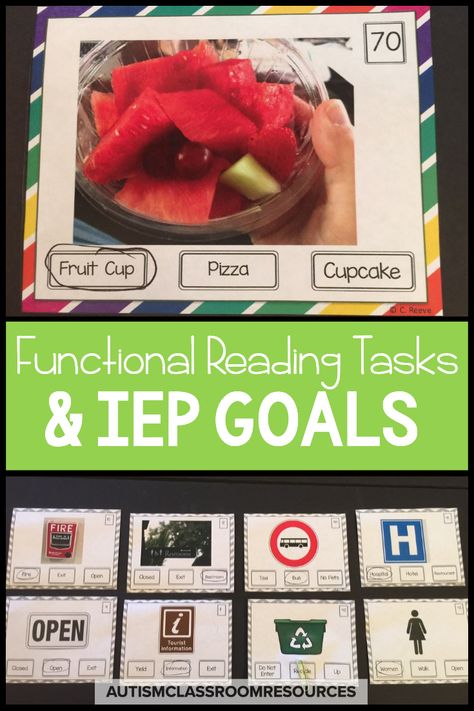 Using environmental print to navigate the world and interact with others is a critical life skill. Sometimes it's easy to get stuck on the IEP goals and how to write them effectively. This post talks about how to teach meaningful, practical and functional sight words to students with all types of disabilities. It also provides you with IEP goals that you can think about and modify as needed for your students. Finally it points you in the direction of ready-made resources yo... via @drchrisreeve Therapy Classroom, Functional Literacy, Special Education Reading, Life Skills Class, Life Skills Curriculum, Environmental Print, Reading Task Cards, Life Skills Classroom, Sped Classroom