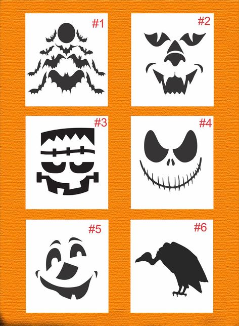 Halloween Stencil Set of 6 Jack O Lantern Faces. Let's have some FUN and create using our Pumpkin Art. SELECT 1 STENCIL  from Photo #1 and leave your choice in PERSONALIZATION.  Don't Delay-  HALLOWEEN is just around the CORNER! STENCIL TIPS arrive with every order! Can be used on Pumpkins, Windows, Wood, Walls, Fabric and Cardstock! Get your favorite paint colors ready to create something SCARY for Halloween.  This is a  Reusable STENCIL as seen in photo.  ★Your order will be designed, cut and Jack O Lantern Faces Patterns, Dragonfly Yard Art, Scary Pumpkin Faces, Pumpkin Patterns, Bubble Drawing, Halloween Pumpkin Carving Stencils, Carving Stencils, Face Stencils, Halloween Stencils