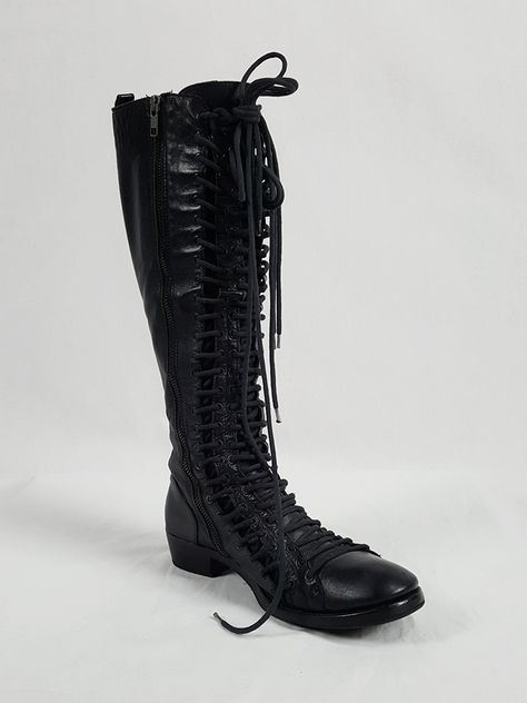 vaniitas vintage Ann Demeulemeester black flat triple lace boots fall 2008 202239 Lace Up Knee Boots, Ann Demeulemeester Shoes, Ann Demeulemeester Boots, Lace Combat Boots, Tall Boots Black, 90s Boots, Tall Lace Up Boots, Black Flat Boots, Lace Up Boots Women