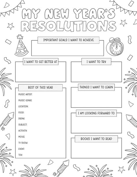 School Holidays Activities, New Year Resolution Worksheet, Christmas Worksheets 5th Grade, New Years Therapy Activities, New Year Printables For Kids, New Years Eve Preschool Activities, Christmas Counseling Activities, New Years Goals Template, New Years Classroom Activities