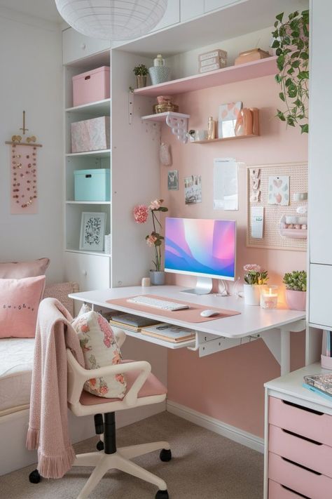 Girly gaming desk setup with LED lights and functional decor. Small Gaming Desk Setup, Small Gaming Desk, Small Desk Setup, Setup Bedroom, Gaming Setup Bedroom, Bedroom Workspace, Gaming Desk Setup, Space Saving Desk, Dream Desk