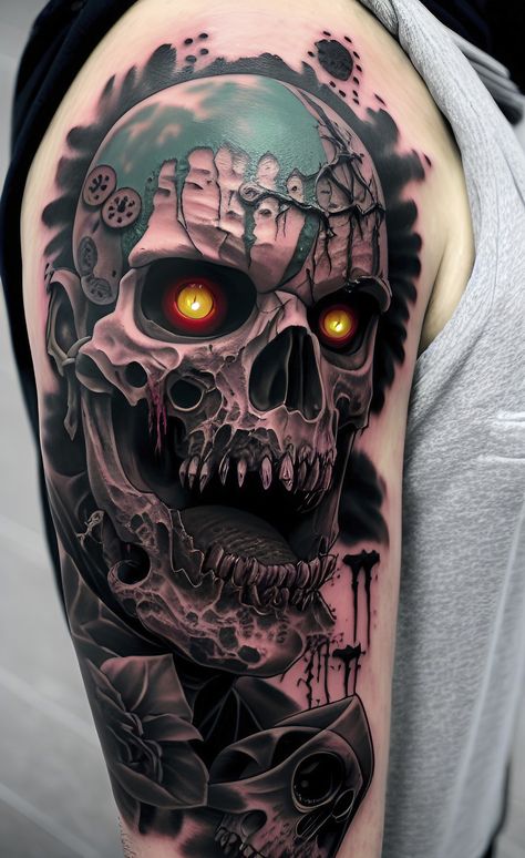 Zombie Tattoo made by A.I. Art Generators with Great background Music. #shorts , #wallpaper #zombie #skull #scary #stunning#god_of_war #tattoo #tat #real #unreal #ink New School Zombie Tattoo, Zombie Tattoo Design, Undead Tattoo, Zombie Tattoo Ideas, Wallpaper Zombie, Galaxy Tattoo Sleeve, Apocalypse Tattoo, Zombie Tattoo, Bio Organic Tattoo