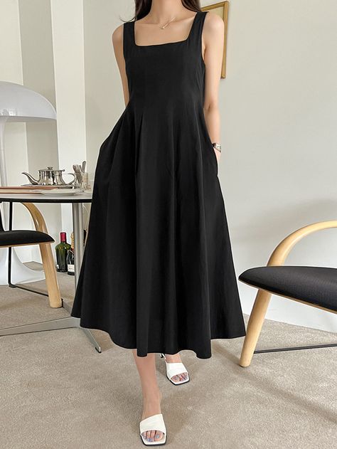 Black Midi Dress Casual, Sleeveless Frock, Sleevless Dress, Midi Dress Casual, Hidden Pocket, Pocket Dress, Black Midi Dress, Black Casual, Women Dresses