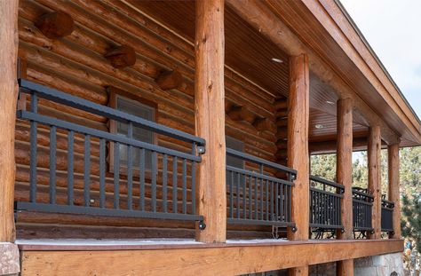 Modern Log Cabin Exterior Front Porches, Log Cabin Porches And Decks, Log Deck Railing, Cabin Porch Railing Ideas, Cedar Front Porch Railing, Log Railing Ideas, Log Cabin With Shiplap, Log Cabin Railing Ideas, Log Cabin Porch Railing