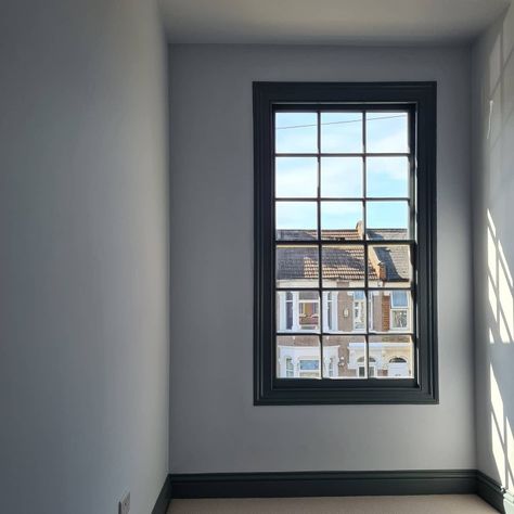 Light Blue Walls Dark Trim, Light Blue Walls With Dark Trim, Dark Blue Skirting Boards, Dark Blue Window Frames, Blue Skirting Boards White Walls, Navy Skirting Boards, Dark Skirting Boards Light Walls, Blue Woodwork, Dark Window Frames