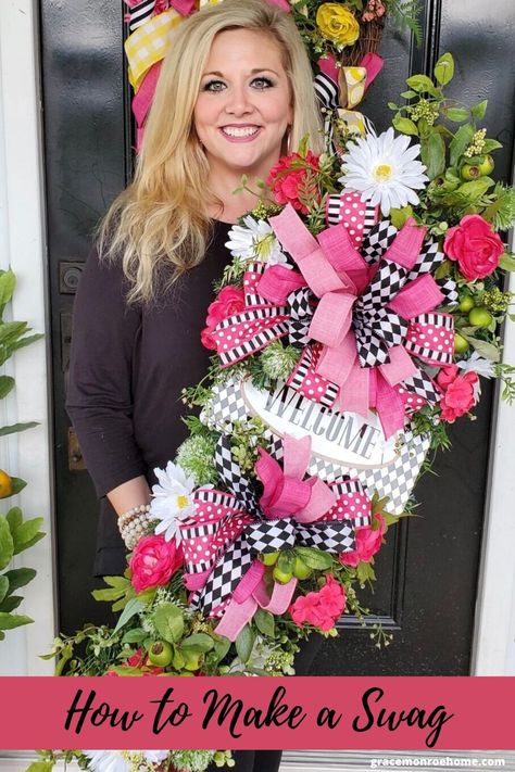 Learn to Make a Beautiful Swag for Your Front Door! #swag #wreaths #diy #crafts #doordecor #wreathmaking #wreathideas #wreathsandswags Diy Swag, Door Swags, Easter Swags, Summer Mesh Wreaths, Make A Door, Teardrop Swag, Creative Wreaths, Mesh Wreath Tutorial, Mesh Wreath Diy