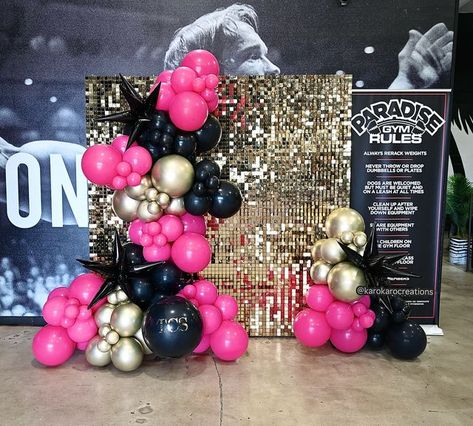 Hot pink, black and gold balloon garland. Bridal shower. Birthday party decoration. Balloon decor Gold Pink Black Party Decor, Black Pink And Gold Party, Pink And Black Balloon Arch, Pink Black And Gold Party Decorations, Balloon Garland Bridal, Pink And Black Balloons, Hot Pink Balloon Garland, Black And Gold Balloon Garland, Pink And Gold Balloons