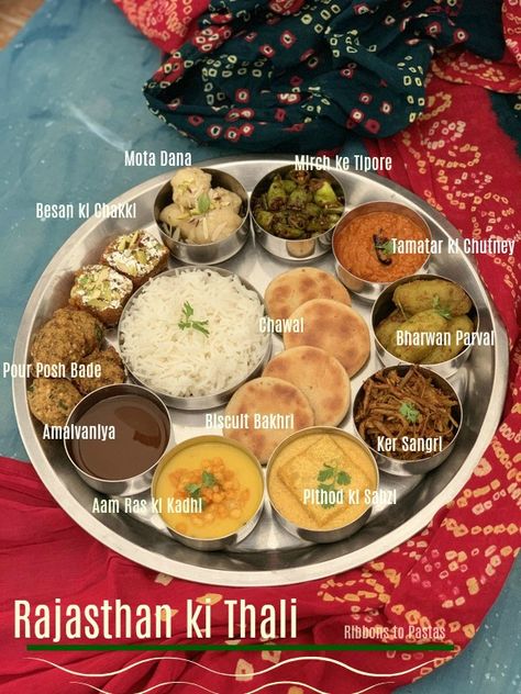 Rajasthan ki Thali - Ribbons to Pastas Rajasthan Food, Rajasthani Thali, Tamarind Drink, Cooking With Ghee, Flour Dumplings, Lentil Fritters, Tiffin Recipe, Dried Beans, Food Videos Desserts