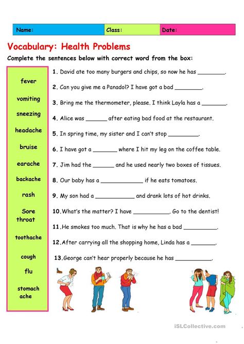 Vocabulary: Health Problems 2 - English ESL Worksheets for distance learning and physical classrooms Health Vocabulary English Lessons, Vocabularies Worksheets, Health Vocabulary Worksheets, 2nd Grade Vocabulary Worksheets, Esl Vocabulary Worksheets, Vocabulary Worksheets For Grade 2, Health Problems Worksheet, Health Worksheets For Kids, Vocabulary Words Worksheet