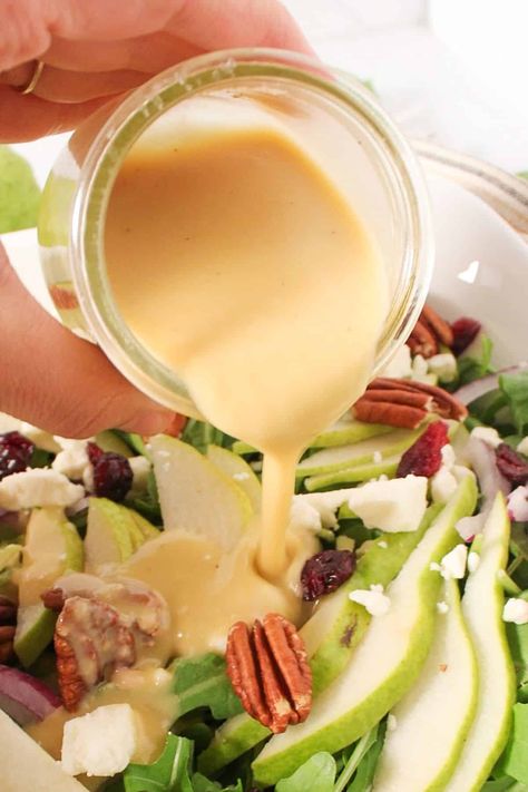 Sherry Shallot Dressing (Easy Salad Vinaigrette) - The Balanced Nutritionist Dressing For Arugula Salad, Sherry Shallot Dressing, Arugula Pear Salad, Simple Salad Dressing, Shallot Dressing, Salad Vinaigrette, Balsamic Brussel Sprouts, Shaved Brussel Sprouts, Pecan Topping