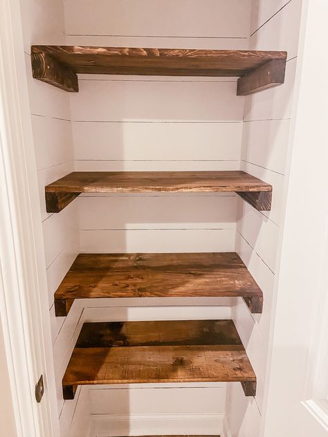 Small Hallway Pantry Ideas, Small Farmhouse Pantry Ideas, Butcher Block Pantry Shelves, Diy Pantry Shelves Small Closet, Tiny Pantry Shelving Ideas, Hallway Closet Pantry Ideas, Pantry Wooden Shelves, Pantry Shelves Wood, Pantry Shelf Ideas Diy