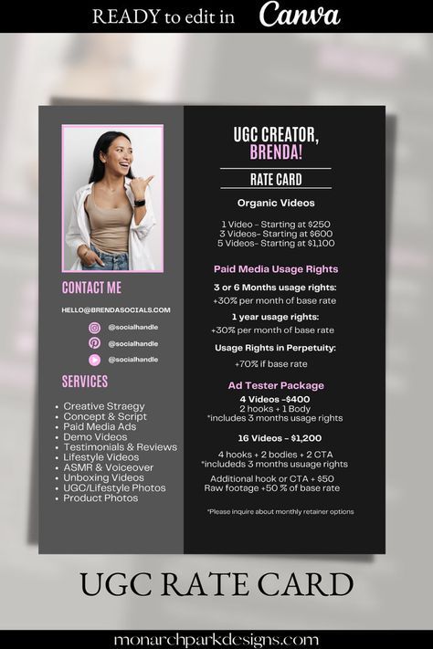 Step into the world of content creation with confidence using our meticulously designed UGC Rate Card and Portfolio Template, a must-have for any influencer or creative professional eager to propose user-generated content with finesse and precision. #UGCPortfolioTemplate #UGCSocialMediaTemplate #UGCLeadMagnetposts #UGCCanvatemplate #ugccontentexamples #ugcportfoliotemplate #ugcportfolioideas #ugccontentexamplevideos #ugcportographyideas #ugccreatorportfolioexample #ugccreatoraesthetic Rate Card Influencer, Rate Card Design, Rate Card, Paid Media, Sheet Template, Portfolio Template, Creative Portfolio, Demo Video, Portfolio Templates