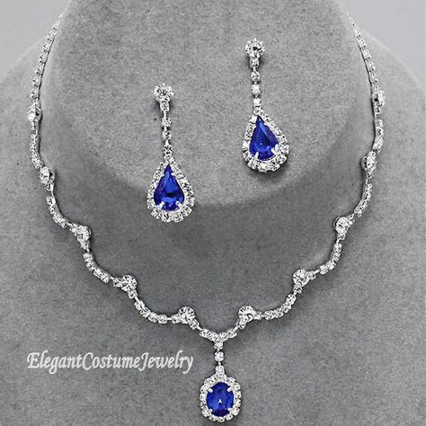 Royal Blue And Silver Earrings, Blue Diamond Jewelry Set, Blue Quince Jewelry, Royal Blue Jewelry Sets, Royal Blue Quince Jewelry, Blue Silver Jewelry, Blue Prom Accessories, Blue Wedding Jewelry Brides, Blue Prom Jewelry