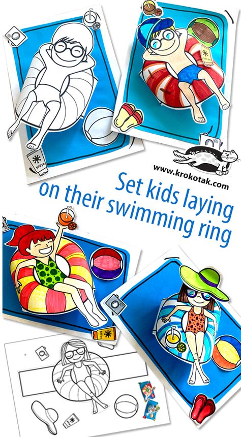 Kids laying on their swimming ring Swimming Activities For Preschool, Swimming Crafts For Kids, Summer Paper Crafts For Kids, Easy Summer Art Projects For Kids, Summer Drawing For Kids, Summer Crafts For Kindergarten, Summer Crafts For Kids Preschool, Swimming Craft, Summer Activities For Kids Preschool