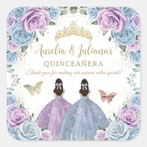 These coordinating square sticker labels feature two quince girls in a baby blue gown and in a purple gown, pretty pastel baby blue and purple lilac flowers and blue and purple butterflies. Personalize them easily and quickly, simply press the customise it button to further re-arrange and format the style and placement of the text.  Perfect to stick on thank you favors!  (c) The Happy Cat Studio Blue Purple Quinceanera Theme, Lilac And Blue Quinceanera, Blue And Purple Quinceanera Theme, Purple Quinceanera Ideas, Lavender Butterfly Quinceanera Invitations, Baby Blue Gown, Butterfly Invitations Quinceanera Purple, Lilac Butterfly Quinceanera Invitations, Purple Quinceanera Theme