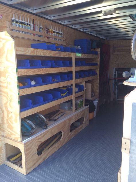 Job site trailers, show off your set ups! | Page 71 | Contractor Talk - Professional Construction and Remodeling Forum Jobsite Trailer, Trailer Shelving, Work Truck Organization, Construction Trailer, Work Truck Storage, Tool Trailer, Van Organization, Truck Organization, Van Shelving