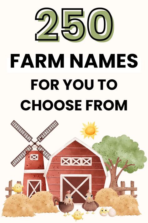 Looking to name your agricultural business? We've got you covered! Check out our list of 250 memorable farm business name ideas. From clever puns to unique word play, there's something for every farm owner! Cute Farm Stand Names, Farmers Market Name Ideas, Hay Day Farm Name Ideas, Small Farm Business Ideas, Names For Farms, Naming Your Farm, Egg Business Names, Funny Farm Names, Country Business Names