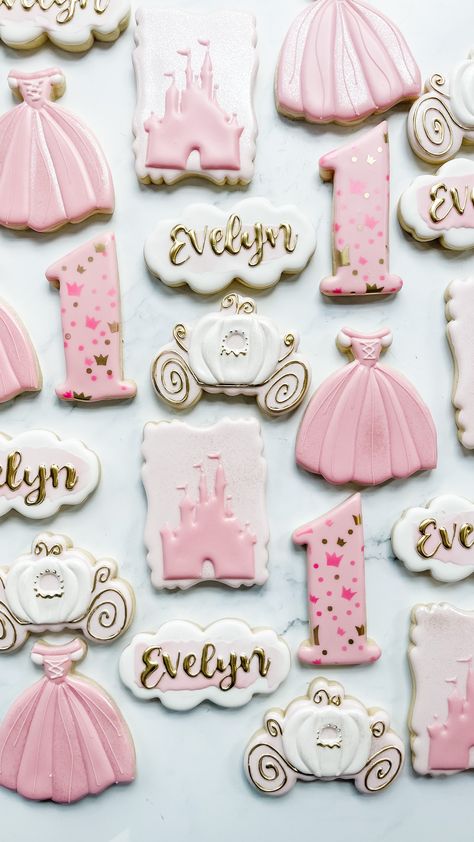 Pink Princess First Birthday Party, First Birthday Party Princess Theme, Once Upon A Time Decorated Cookies, Pink And Gold Princess Cookies, 1st Birthday Princess Cookies, Royal Princess First Birthday Party, 1st Birthday Party Ideas Princess, Aurora Sleeping Beauty Birthday Party Ideas, Princess Cookies Ideas