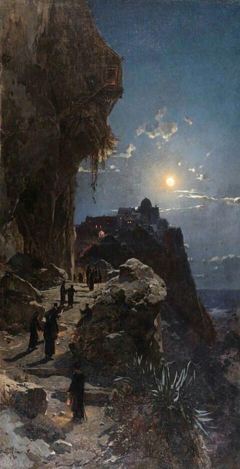 Hermann Corrodi, Night on Mount Athos, 1880 Mount Athos, Arte Peculiar, Rennaissance Art, Moonlit Night, Illustration Noel, Lukisan Cat Air, Aesthetic Painting, Art And Illustration, Ethereal Art