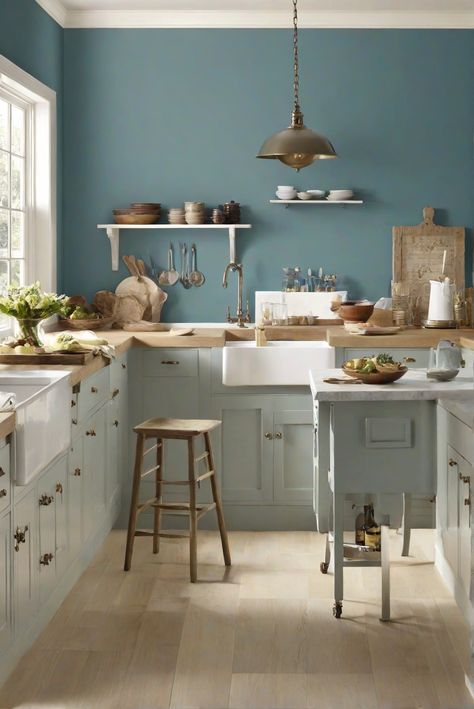 home decor interior design, interior bedroom design, kitchen designs, home paint colors Sherwin Williams Kitchen Paint Colors, Color Kitchen Walls, Kitchen Blue Walls, Kitchen Wall Paint, Cream Cabinet, Palladian Blue Benjamin Moore, Sea Salt Paint, Paint Guide, Sea Salt Sherwin Williams