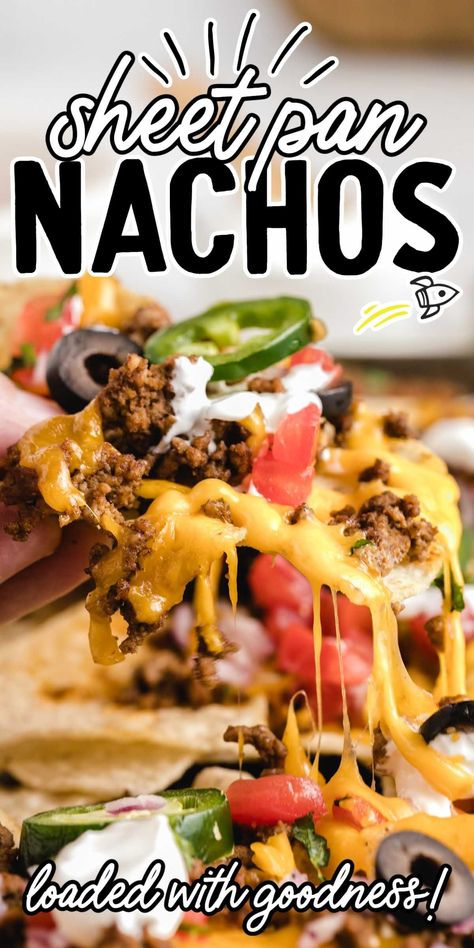 These loaded sheet pan nachos are the ultimate party snack to have on hand, and one everyone will be crowding around to take another bite! Sheetpan Nachos Ground Beef, Loaded Nachos Recipe Beef, Nacho Ideas, Sheet Pan Nachos Recipe, Loaded Nachos Recipe, Sheet Pan Nachos, Pan Nachos, Baked Nachos, Nacho Dip