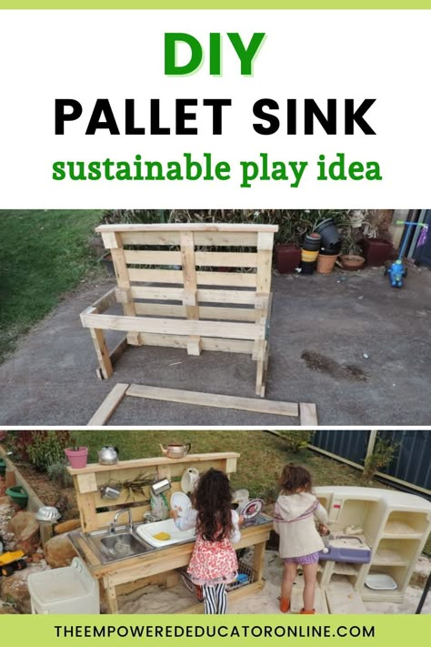 Pallet Sink, Kids Sink, Outdoor Play Kitchen, Mud Kitchen For Kids, Pallet Kids, Outdoor Play Space, Diy Mud Kitchen, Backyard Kids Play Area, Outdoor Play Spaces