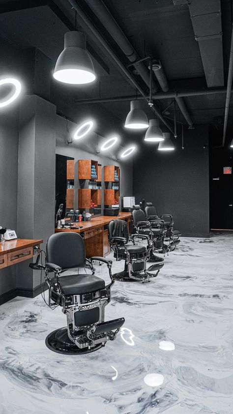 Barber Shop Decor Modern Luxury, Barber Shop Interior Design Modern, Luxury Barbershop Interior Design, Barbershop Lighting Ideas, Barbershop Design Interior Modern, Barbershop Ideas Design, Barbershop Lighting, Barbershop Design Interior Ideas, Barbershop Mirrors