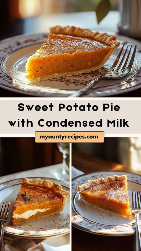 This Sweet Potato Pie with Condensed Milk is a rich and creamy twist on a traditional Southern dessert. The sweet potatoes are blended with condensed milk, warm spices, and a hint of vanilla, creating a silky-smooth pie filling that’s both sweet and comforting. Baked in a flaky pie crust, this dessert is perfect for holiday gatherings or any time you’re craving something sweet and homey. Pie With Condensed Milk, Sweet Potato Pie Southern, Buttery Pie Crust, Yummy Sweet Potatoes, Southern Desserts, Flaky Pie Crust, Potato Pie, Sweet Potato Pie, Delicious Pies