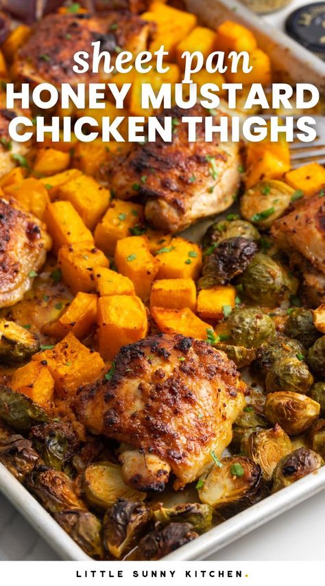 This easy recipe for Sheet Pan Honey Mustard Chicken Thighs is a delicious one pan meal complete with perfectly roasted vegetables. Honey Mustard Chicken Thighs, Mustard Chicken Thighs, Honey Dijon Chicken, Honey Mustard Recipes, Sheet Pan Meals Chicken, Roast Chicken Dinner, One Pan Meal, Paleo Main Dishes, Sheet Pan Dinners Chicken