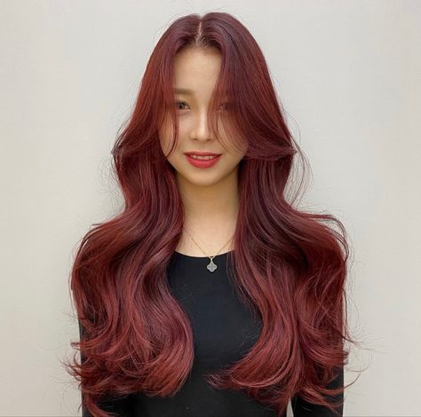 Dusty Red Hair, Deep Pink Hair, Red Pink Hair, Hair Asian, Deep Pink, Round Face, Pink Hair, Deep Red, Skin Tone